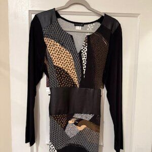 Abstract Print Long Sleeve Dress with Faux Leather Belt - Size L